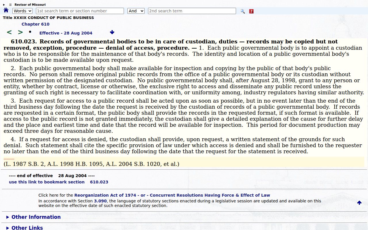 Ozark County civil court dockets reference to Missouri Sunshine Law response timing