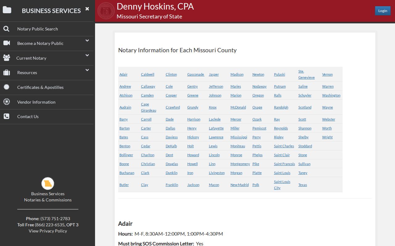 Ozark County court records source capture showing Missouri county clerk information