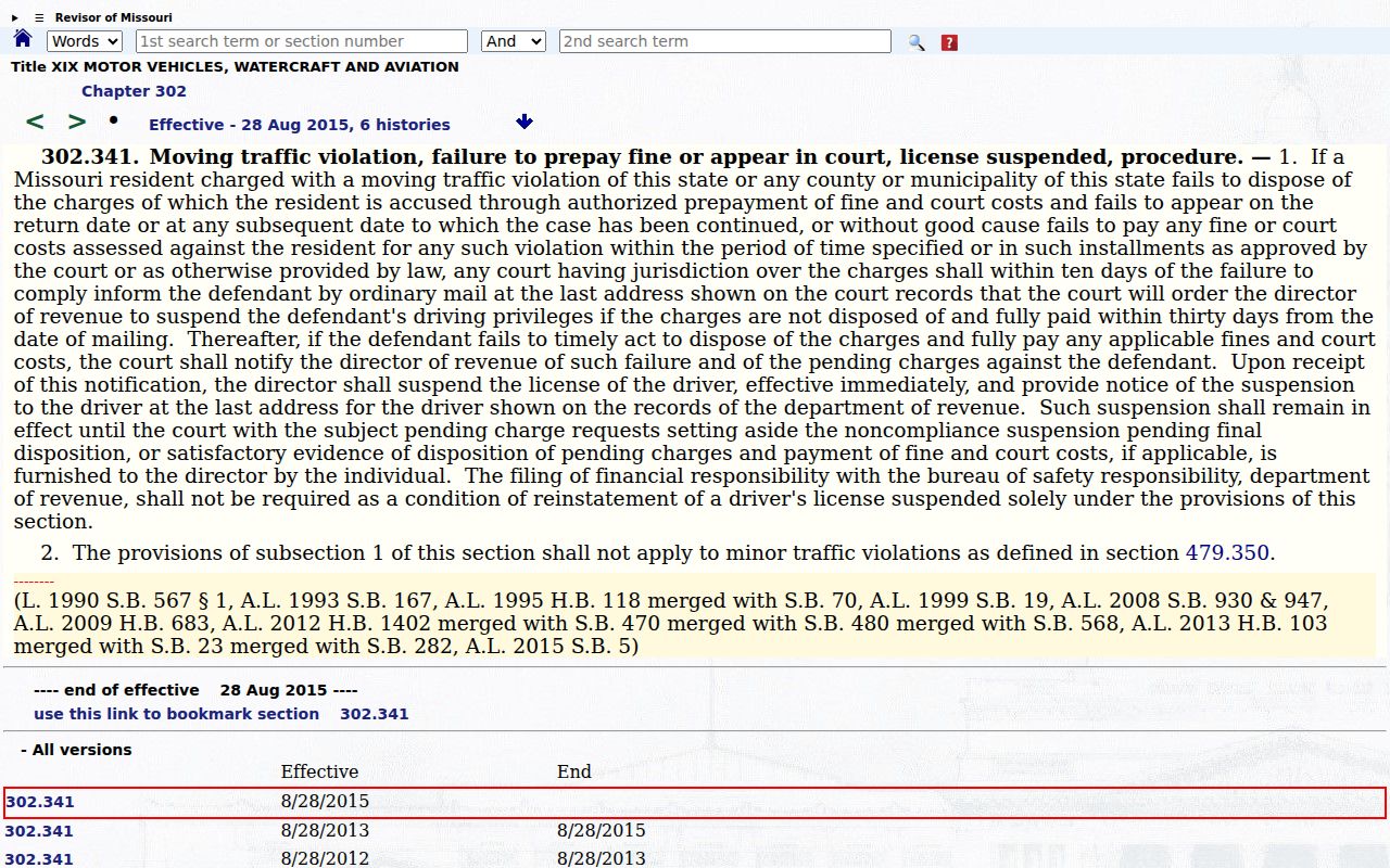 Ozark County traffic court record reference showing Missouri court and Department of Revenue statute