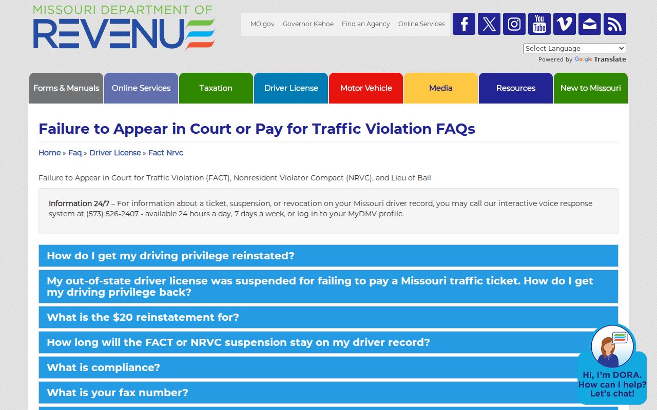 Ozark County traffic court record reference to Missouri DOR compliance FAQ